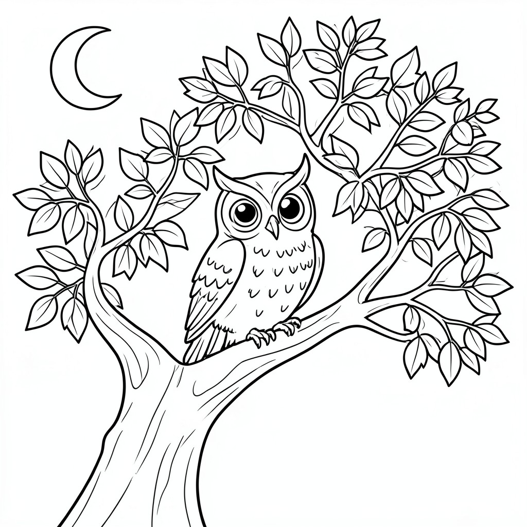 Wise Owl: An owl perched on a thick shady tree that have lot of leaves branch with large, round eyes. Background: A simple crescent moon on top corner