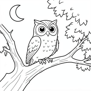 Wise Owl: An owl perched on a thick shady tree  branch with large, round eyes. Background: A simple crescent moon on top corner