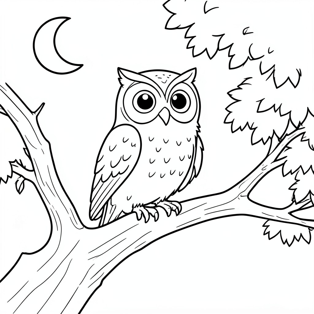 Wise Owl: An owl perched on a thick shady tree  branch with large, round eyes. Background: A simple crescent moon on top corner