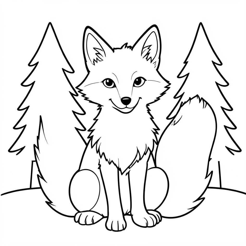 Bushy-Tailed Fox: A fox sitting upright with a fluffy tail. Background: Two simple pine trees.