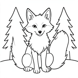Bushy-Tailed Fox: A fox sitting upright with a fluffy tail. Background: Two simple pine trees.