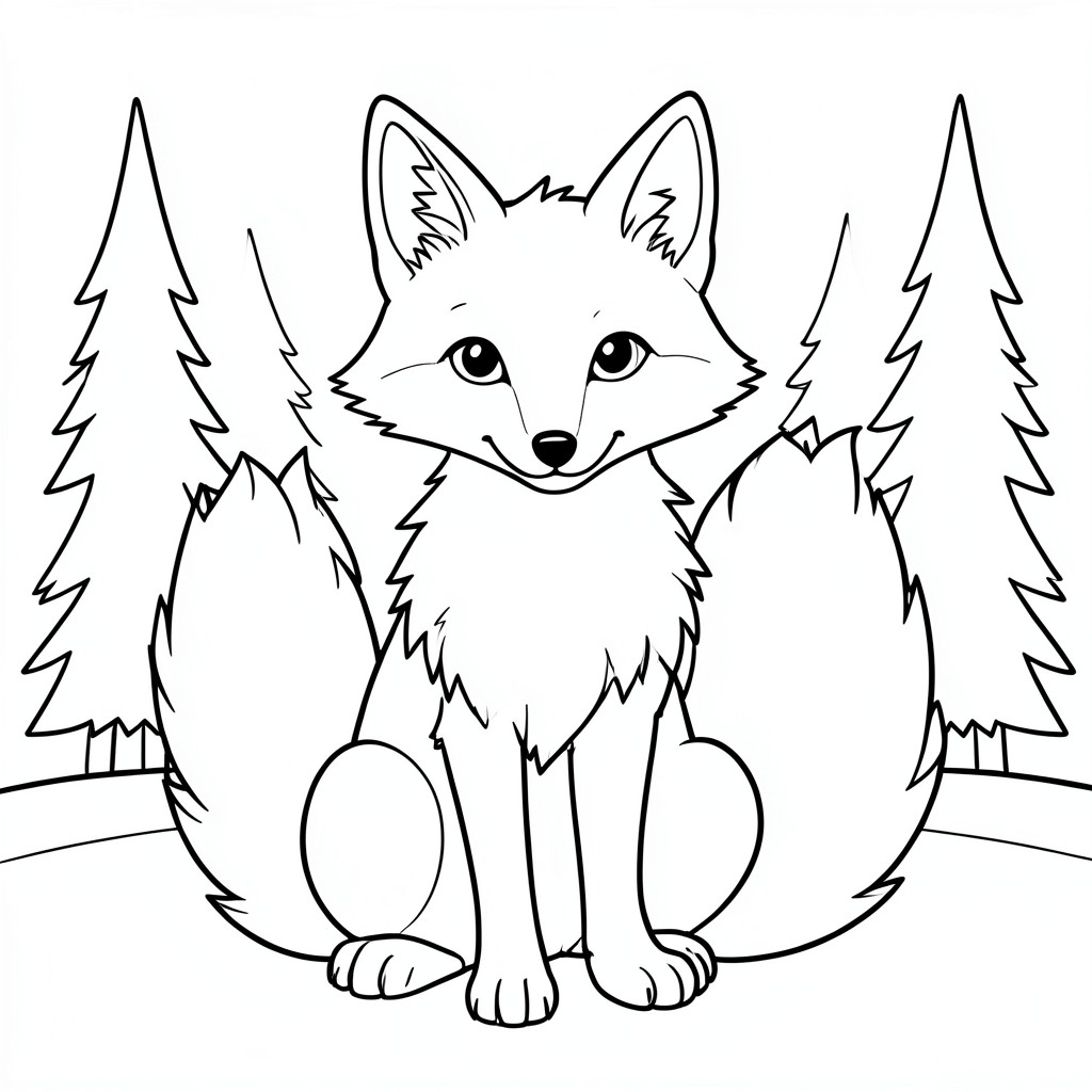 Bushy-Tailed Fox: A fox sitting upright with a fluffy tail. Background:  simple pine trees.