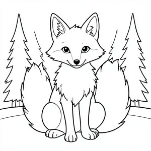 Bushy-Tailed Fox: A fox sitting upright with a fluffy tail. Background:  simple pine trees.