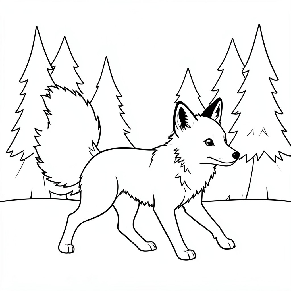 Bushy-Tailed Fox: A fox walking with a fluffy tail. Background:  simple pine trees.