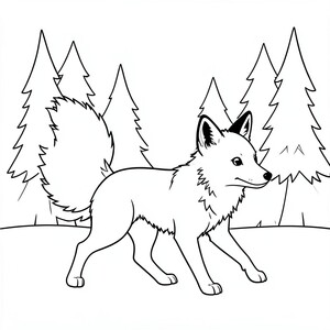 Bushy-Tailed Fox: A fox walking with a fluffy tail. Background:  simple pine trees.