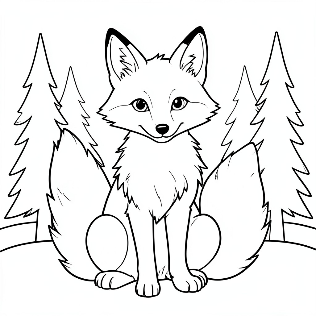 Bushy-Tailed Fox: A fox sitting upright with a . Background:  simple pine trees.