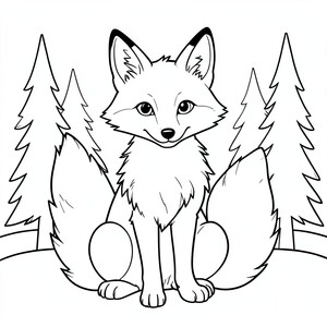 Bushy-Tailed Fox: A fox sitting upright with a . Background:  simple pine trees.