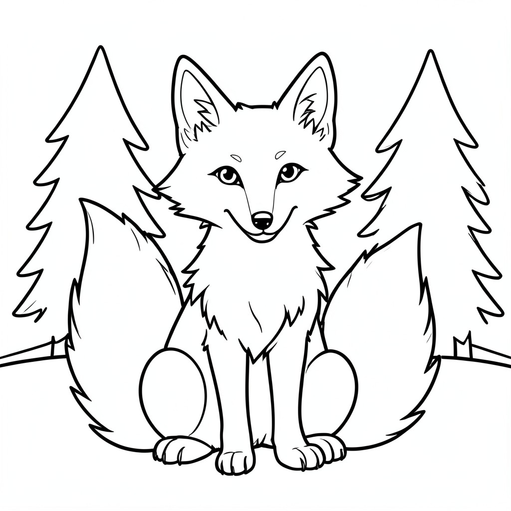 Bushy-Tailed Fox: A  few fox sitting upright. Background:  simple pine trees