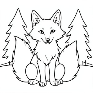 Bushy-Tailed Fox: A  few fox sitting upright. Background:  simple pine trees