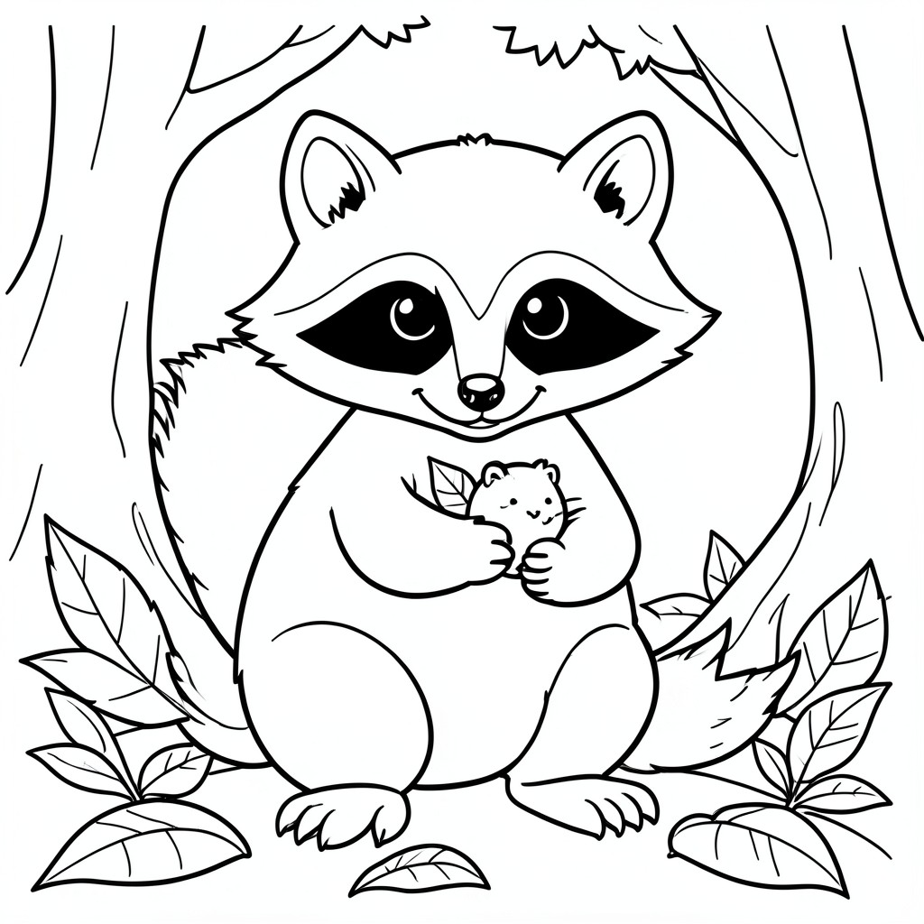 Curious Raccoon: A raccoon holding a small piece of fruit. Background: Simple forest floor leaves.
