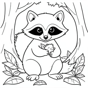 Curious Raccoon: A raccoon holding a small piece of fruit. Background: Simple forest floor leaves.
