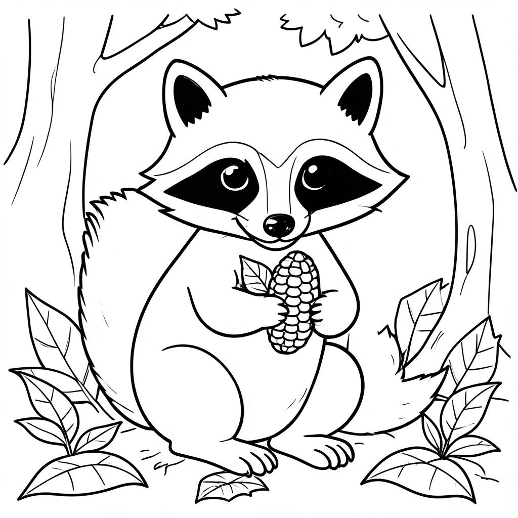 Curious Raccoon: A raccoon holding a small piece of corn. Background: Simple forest floor leaves.
