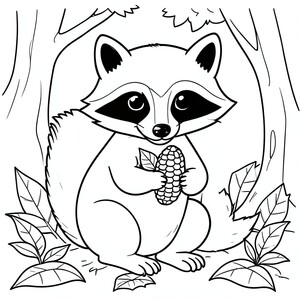 Curious Raccoon: A raccoon holding a small piece of corn. Background: Simple forest floor leaves.
