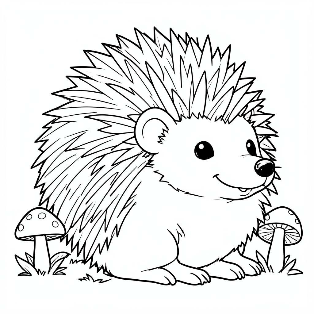 Prickly Hedgehog: A round hedgehog curled into a ball but showing its friendly face. Background: A few mushrooms.