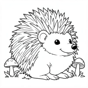 Prickly Hedgehog: A round hedgehog curled into a ball but showing its friendly face. Background: A few mushrooms.