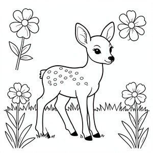 Hươu hiền lành: Một con hươu non (nai vàng) với những đốm nhỏ đứng trong một khoảng trống. Bối cảnh: Đường viền hoa đơn giản.