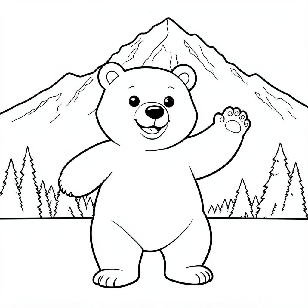Gấu nâu: Một con gấu to lớn, thân thiện vẫy một chân. Bối cảnh: Hình bóng núi Yellowstone.