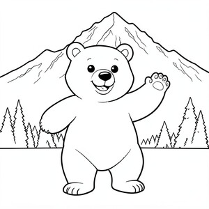 Gấu nâu: Một con gấu to lớn, thân thiện vẫy một chân. Bối cảnh: Hình bóng núi Yellowstone.
