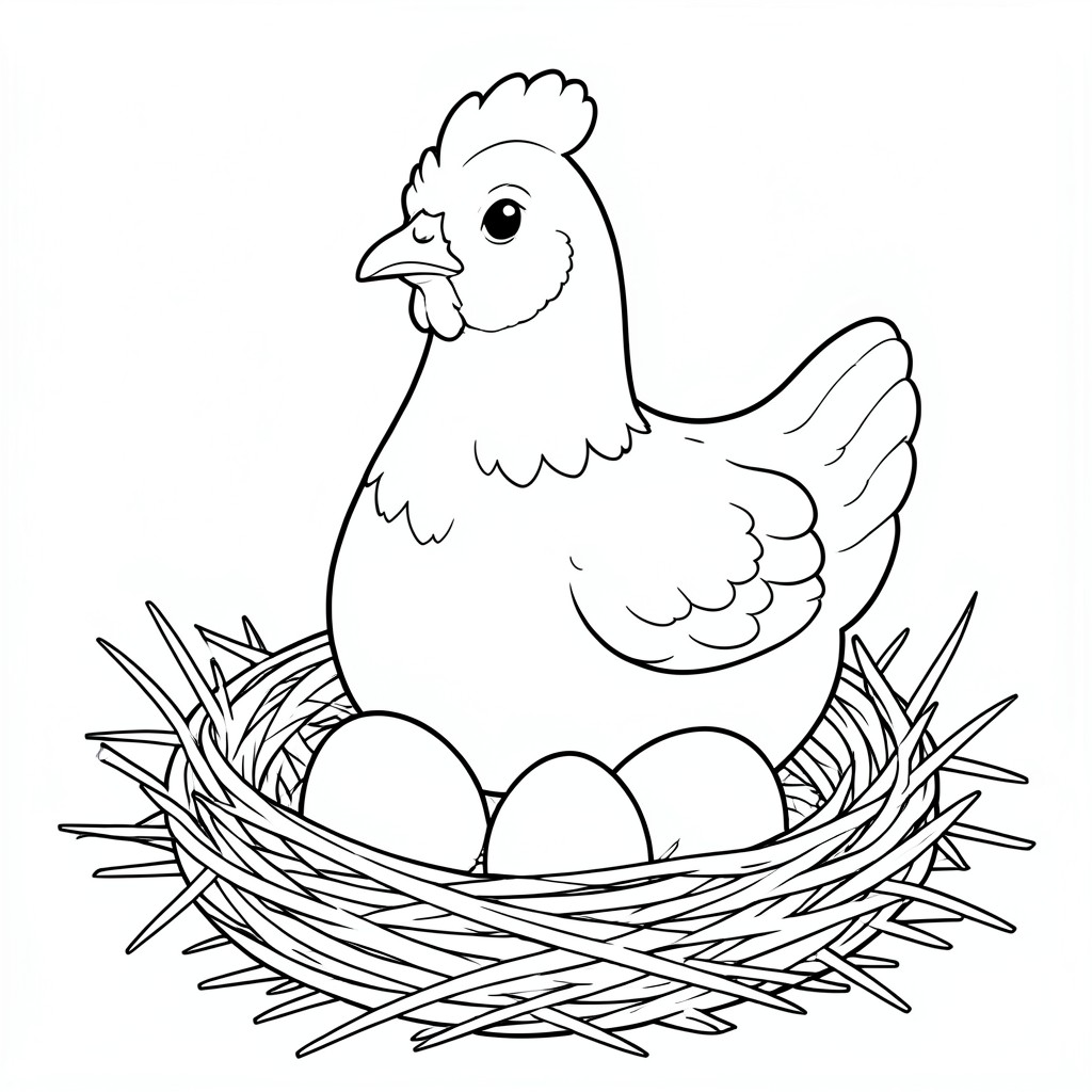 Mother Hen: A hen sitting on a nest with two small eggs visible. Background: Simple straw lines.