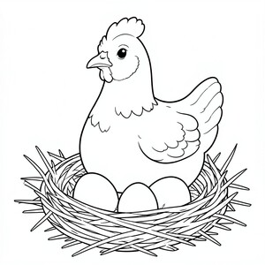 Mother Hen: A hen sitting on a nest with two small eggs visible. Background: Simple straw lines.