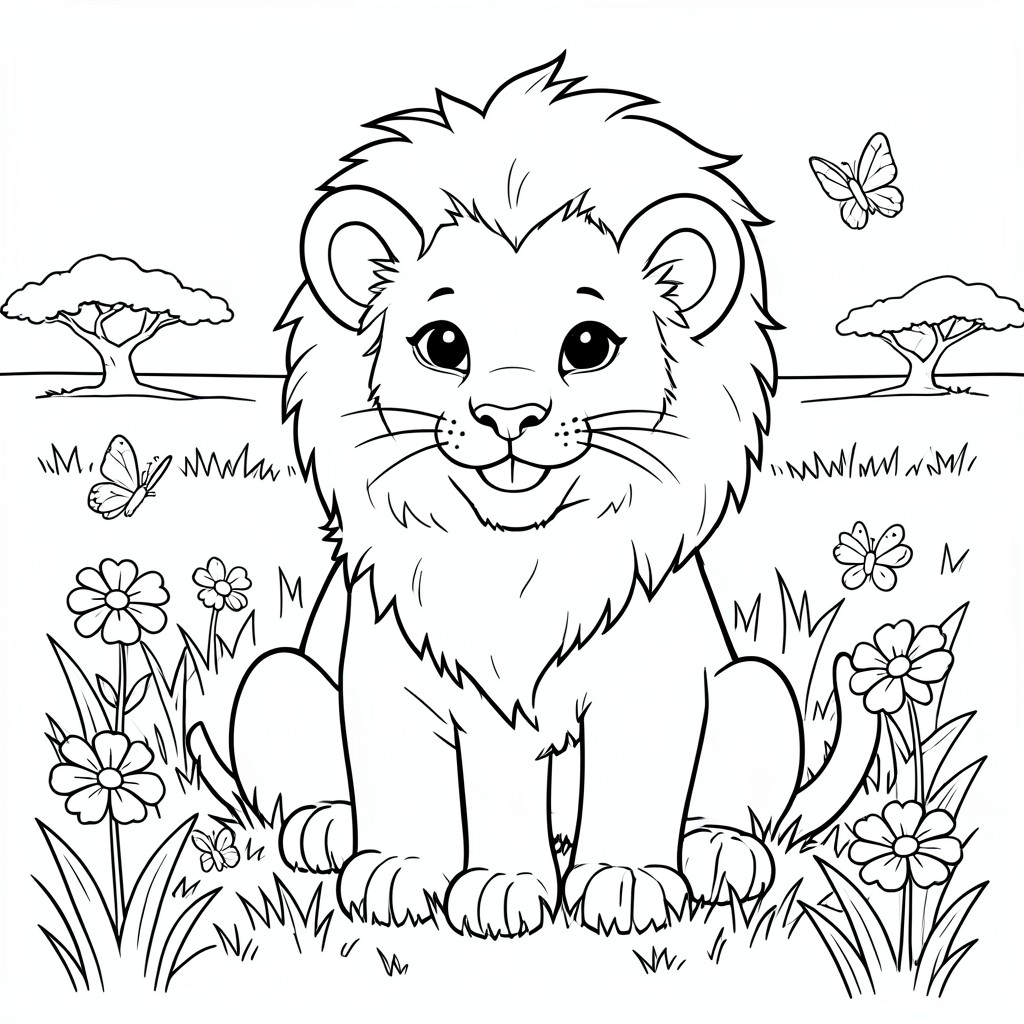 Lion Cub in the Grass – A cute baby lion sitting in a grassy field with a smiling face, large paws, fluffy mane beginning to grow, a few flowers and butterflies around. Simple savanna background.