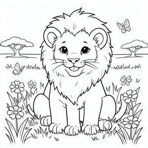 Lion Cub in the Grass – A cute baby lion sitting in a grassy field with a smiling face, large paws, fluffy mane beginning to grow, a few flowers and butterflies around. Simple savanna background.
