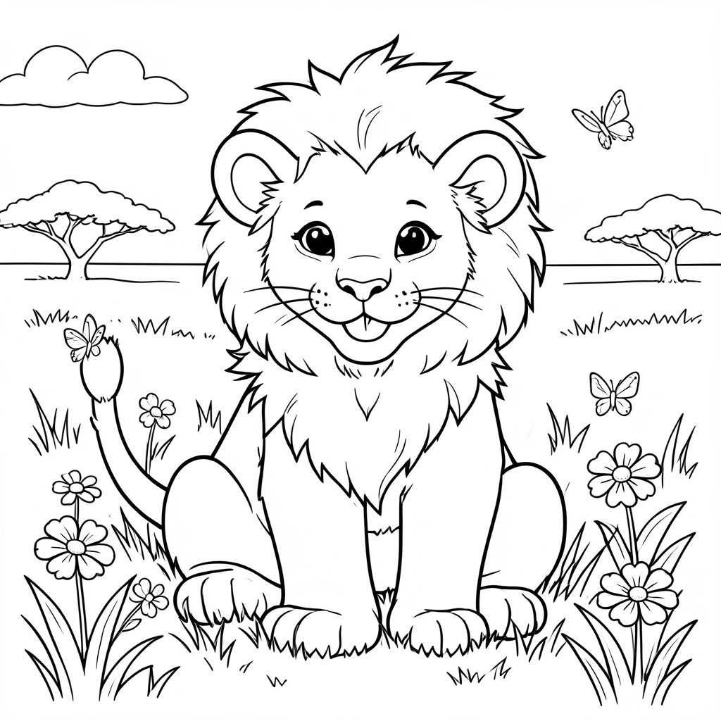 Lion Cub standing the Grass – A cute baby lion sitting in a grassy field with a smiling face, large paws, fluffy mane beginning to grow, a few flowers and butterflies around. Simple savanna background.