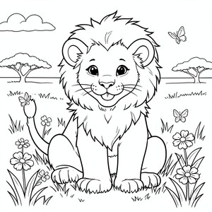 Lion Cub standing the Grass – A cute baby lion sitting in a grassy field with a smiling face, large paws, fluffy mane beginning to grow, a few flowers and butterflies around. Simple savanna background.