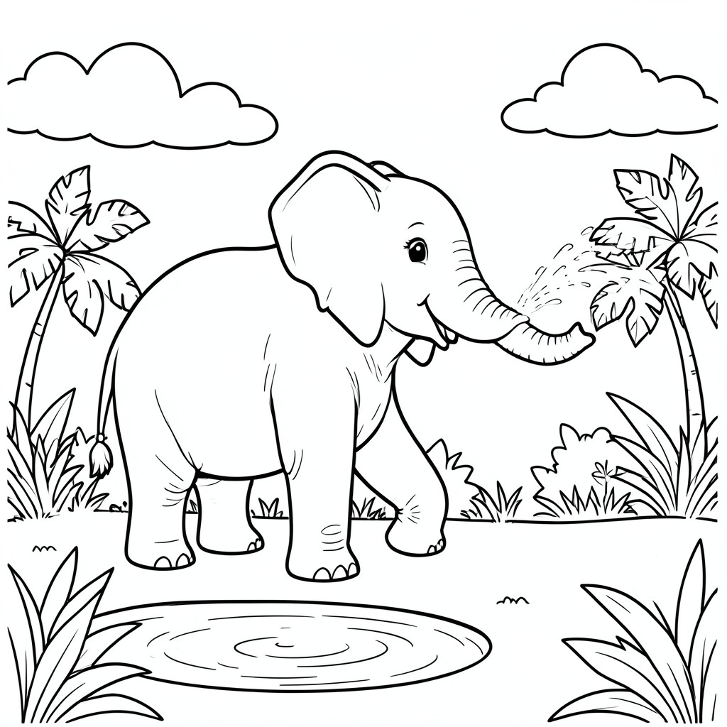 Happy Elephant Spraying Water – A friendly elephant standing near a small pond spraying water from its trunk, big ears, simple jungle plants and clouds in background.