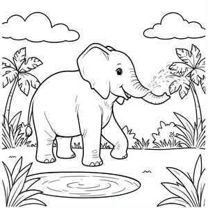 Happy Elephant Spraying Water – A friendly elephant standing near a small pond spraying water from its trunk, big ears, simple jungle plants and clouds in background.