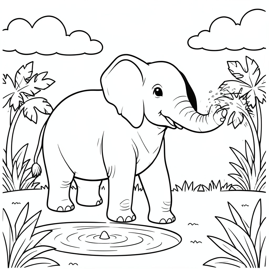 Happy Elephant – A friendly elephant standing near a small pond spraying water from its trunk, big ears, simple jungle plants and clouds in background.
