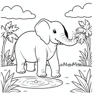 Happy Elephant – A friendly elephant standing near a small pond spraying water from its trunk, big ears, simple jungle plants and clouds in background.