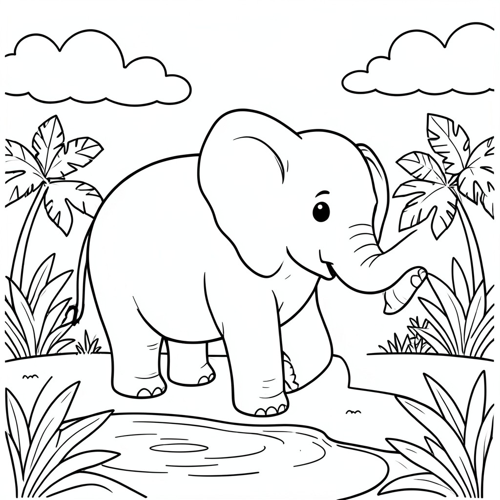 Happy Elephant  – A friendly elephant standing near a small pond , big ears, simple jungle plants and clouds in background.