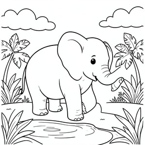 Happy Elephant  – A friendly elephant standing near a small pond , big ears, simple jungle plants and clouds in background.