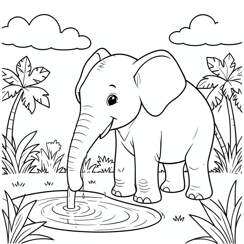 Happy Elephant DRINKING Water – A friendly elephant standing near a small pond DRINKING water from its trunk, big ears, simple jungle plants and clouds in background.
