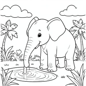 Happy Elephant DRINKING Water – A friendly elephant standing near a small pond DRINKING water from its trunk, big ears, simple jungle plants and clouds in background.