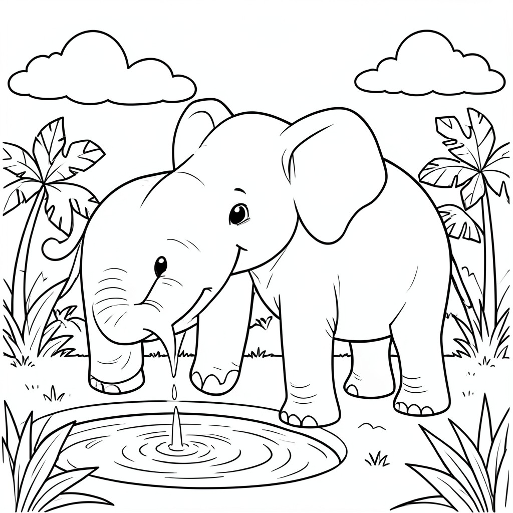 Happy Elephant ready to drinking Water – A friendly elephant standing near a small pond ready to drinking water from its trunk, big ears, simple jungle plants and clouds in background.
