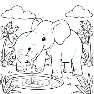 Happy Elephant ready to drinking Water – A friendly elephant standing near a small pond ready to drinking water from its trunk, big ears, simple jungle plants and clouds in background.