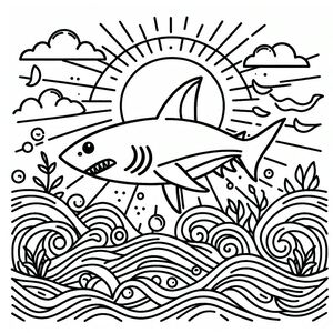 A black and white drawing of a shark in the ocean