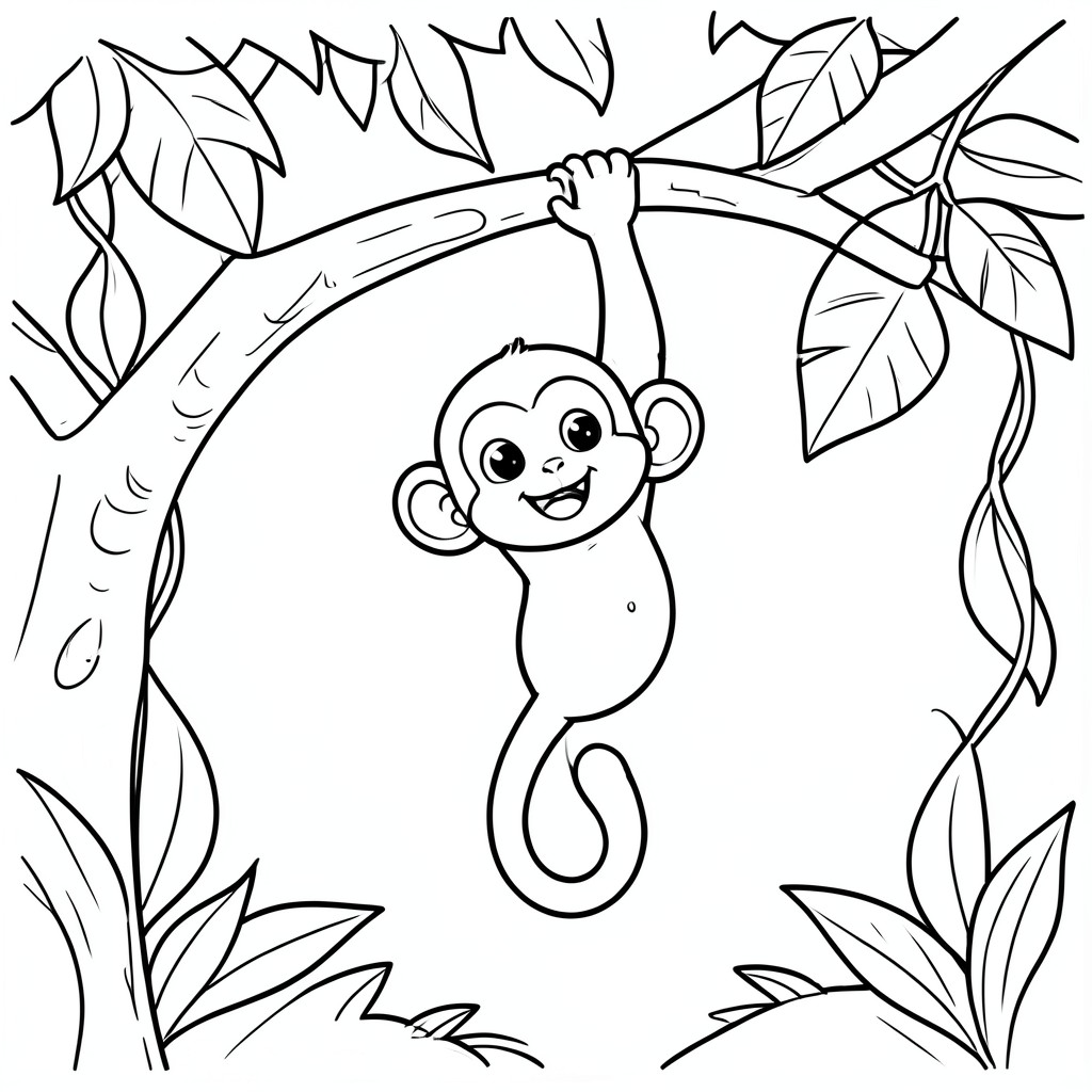 Playful Monkey Hanging from a Tree – A smiling monkey hanging by its tail from a tree branch with a few leaves and bananas nearby. Easy tropical background with simple vines. Kid-friendly line art only.
