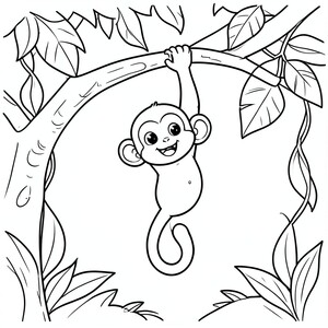 Playful Monkey Hanging from a Tree – A smiling monkey hanging by its tail from a tree branch with a few leaves and bananas nearby. Easy tropical background with simple vines. Kid-friendly line art only.
