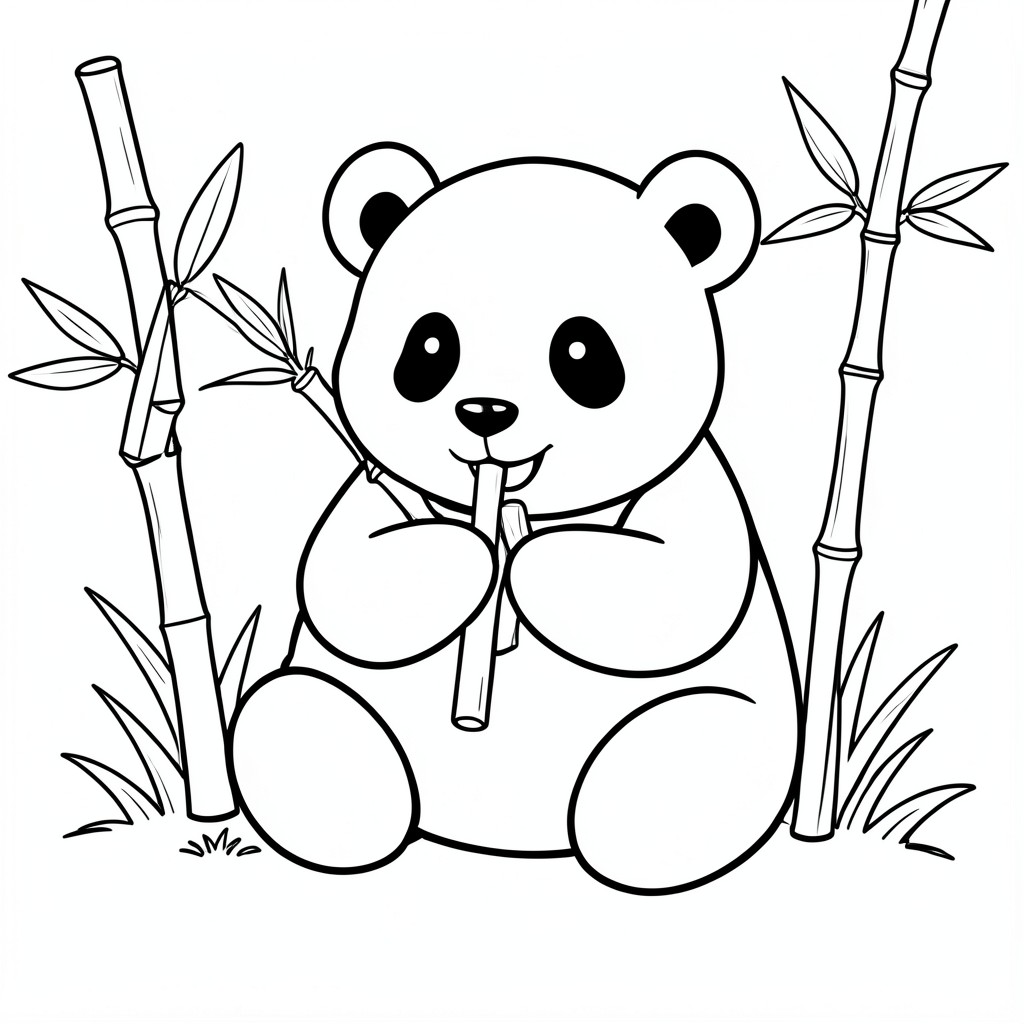 Cute Panda Eating Bamboo – A chubby panda sitting while holding bamboo sticks, surrounded by a few bamboo stalks and grass. Simple clean outlines, minimal background.
