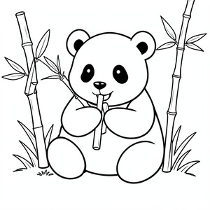 Cute Panda Eating Bamboo – A chubby panda sitting while holding bamboo sticks, surrounded by a few bamboo stalks and grass. Simple clean outlines, minimal background.
