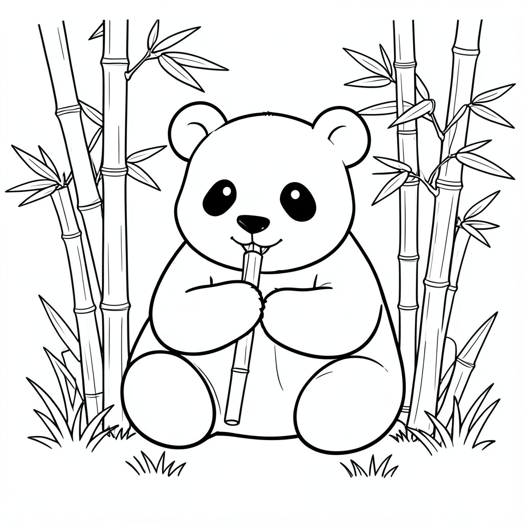 Cute Panda Eating Bamboo – A chubby panda sitting while holding bamboo sticks, surrounded by many bamboo stalks and grass. Simple clean outlines, minimal background.
