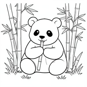 Cute Panda Eating Bamboo – A chubby panda sitting while holding bamboo sticks, surrounded by many bamboo stalks and grass. Simple clean outlines, minimal background.
