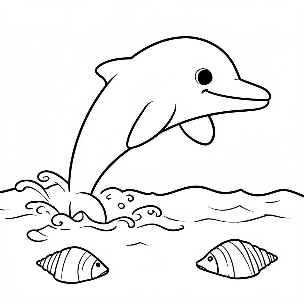 Friendly Dolphin Jumping – A cheerful dolphin leaping above ocean waves with a few fish and seashells below. Minimal ocean background, bold outlines.
