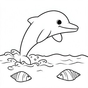Friendly Dolphin Jumping – A cheerful dolphin leaping above ocean waves with a few fish and seashells below. Minimal ocean background, bold outlines.
