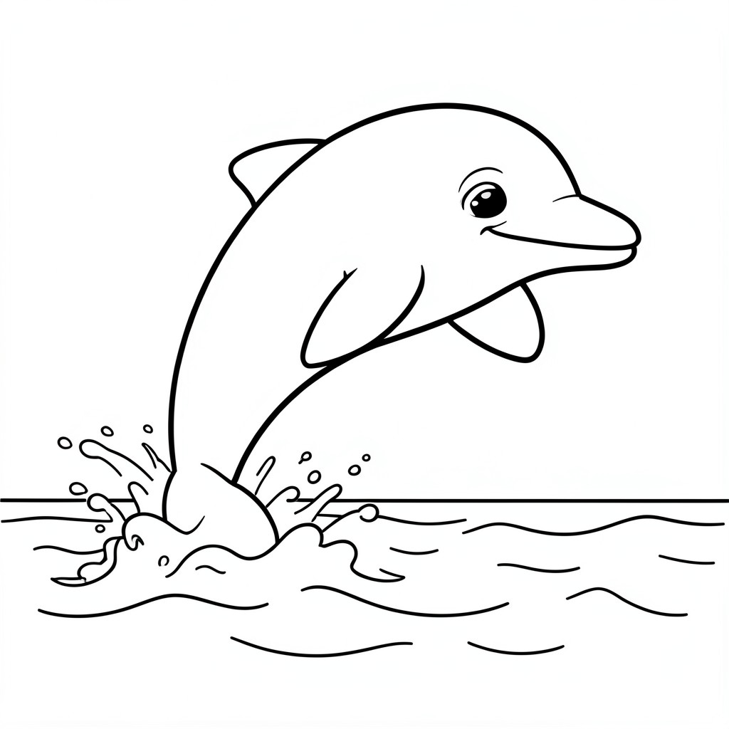 Friendly Dolphin Jumping – A cheerful dolphin leaping above ocean waves . Minimal ocean background, bold outlines.
