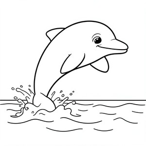 Friendly Dolphin Jumping – A cheerful dolphin leaping above ocean waves . Minimal ocean background, bold outlines.