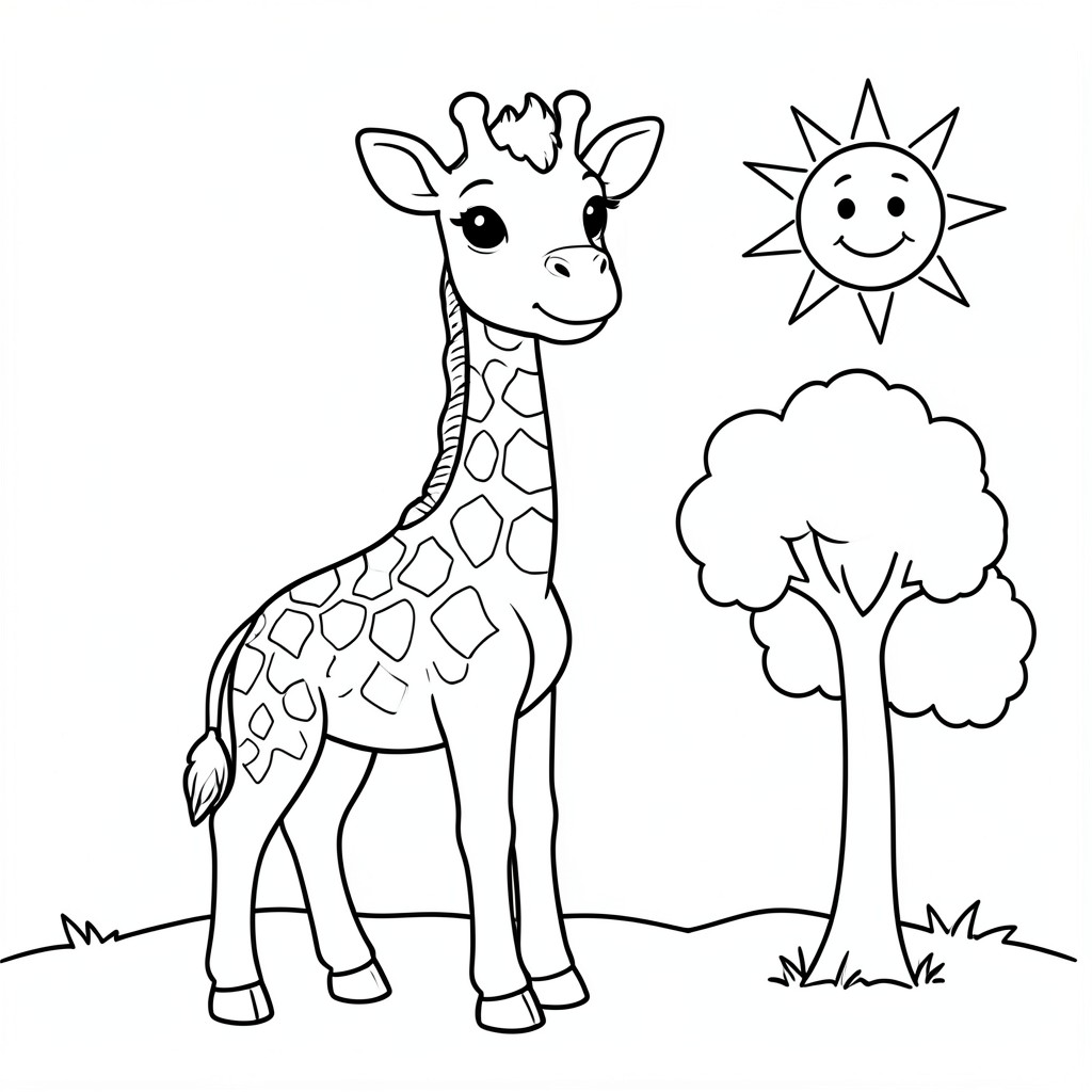 Baby Giraffe in the Safari – A tall baby giraffe with large eyes standing beside a tiny tree and a smiling sun. Easy spots and simple shapes for coloring.